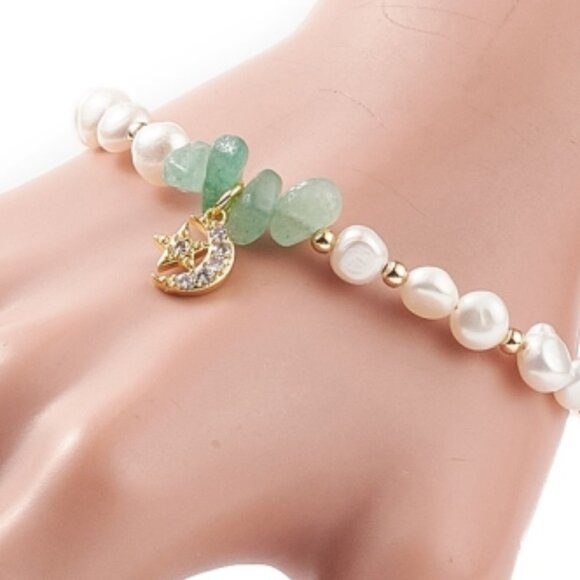 NWOT  Natural Green Aventurine Gem & Pearl Beaded Bracelet, CZ Moon star Charm - Picture 5 of 5